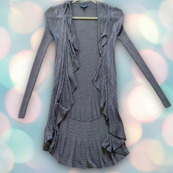 EXPRESS Women’s Long Gray Ruffle Draped Front Open Cardigan Sweater Size M - Picture 2 of 5
